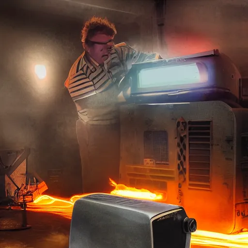 Image similar to cyborg toaster oven repairman, dark messy smoke - filled cluttered workshop, dark, dramatic lighting, orange tint, sparks, plasma rays, cinematic, highly detailed, sci - fi, futuristic, movie still, rule of thirds composition