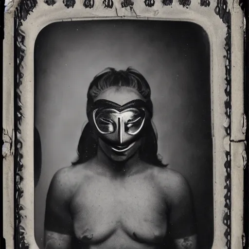 Prompt: tintype photographs of shamans, psychic wrestlers, masked heroes, irradiated humans, and monster hunters