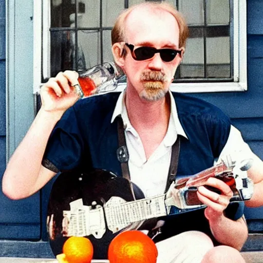 Image similar to hugh hopper on a street corner eating an orange and sipping diet pepsi