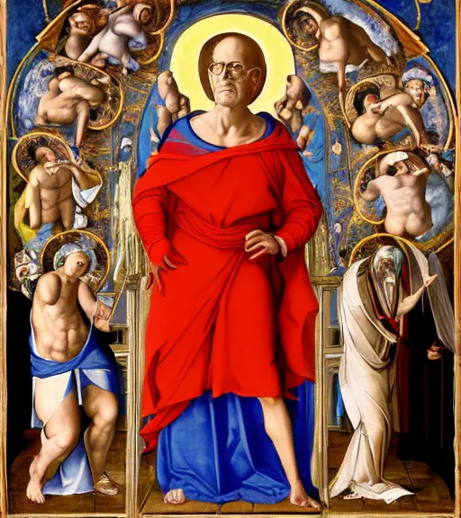 Image similar to hank hill wearing a white toga as the god of propane surrounded by blue fire and blue flames, renaissance religious painting, late gothic religious paintings, byzantine religious art, painting by duccio di buoninsegna and carlo crivelli, trending on artstation