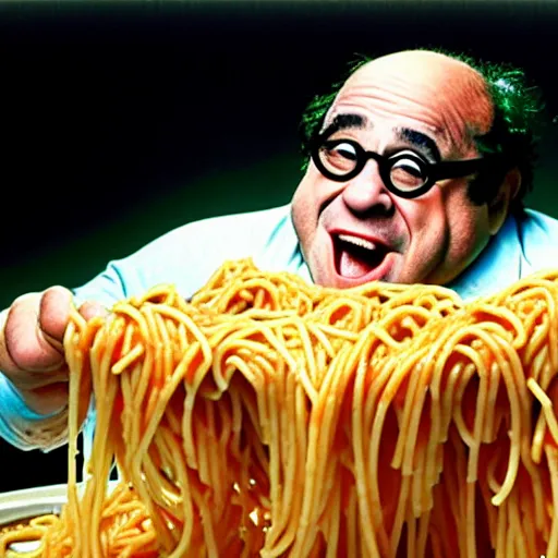 Image similar to danny devito swimming in spaghetti. he's not happy about it.