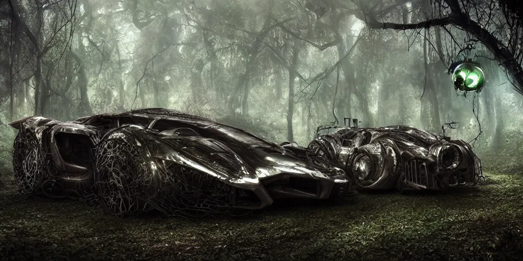 Prompt: magnificent and complex mechanical steampunk vehicle shaped like a lamborghini with (((glowing))) lights abandoned in lush forest with vines hanging from tree branches, fog, desaturated, beautiful, creepy ambiance, 4k, sharp focus, highly detailed, artgerm, giger