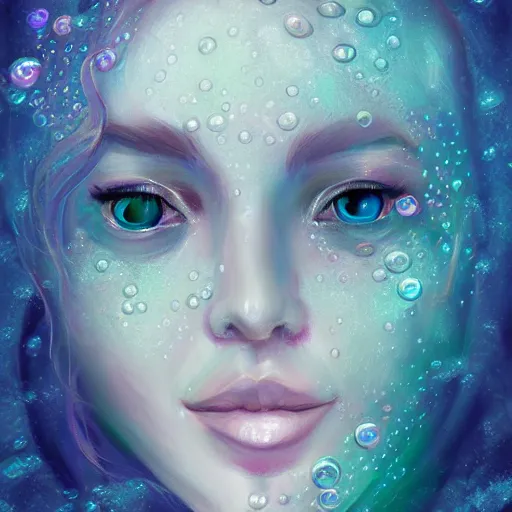 Prompt: face portrait of a woman underwater inspired by lois van baarle, iridescent, bubbles, seaweed