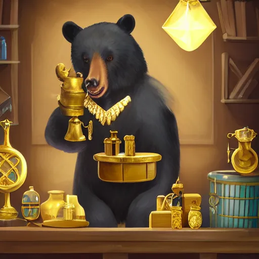 Prompt: Anthropomorphized black bear trader in his shop, selling his wares, portrait, items, gold, magic potions, carpet, window, fancy hat, sly expression , cunning expression, cute expression, long thick shiny gold beak, presenting wares, holding a gold bag, D&D, fantasy, cinematic lighting, highly detailed, digital painting, artstation, concept art, smooth, sharp focus, illustration, warm light, cozy warm tint, magic the gathering artwork, volumetric lighting, 8k, art by Akihiko Yoshida, Greg Rutkowski