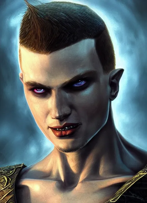 Image similar to buzzcut hair stubble male, aphelios draven, dndbeyond, bright, realistic, dnd character portrait, full body, art by ralph horsley, dnd, rpg, lotr game design fanart by concept art, behance hd, artstation, deviantart, global illumination radiating a glowing aura global illumination ray tracing hdr render in unreal engine 5