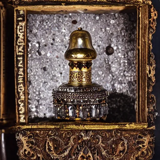 Prompt: epic daguerreotype of an ancient dark byzantine cave interior, ornate oil lamp on a pile of crystals, books covered in jewels, ornate, surrounded by strange crystals and treasure, full of sand and glitter, Indiana Jones, cinematic, jewels, 35mm lens