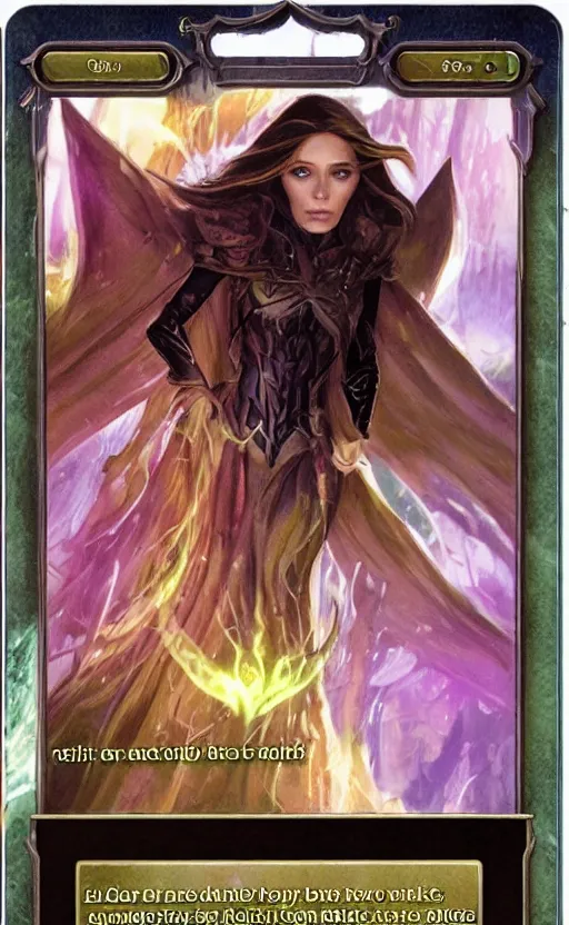 Prompt: mtg card trading, fantasy mtg card of elizabeth olsen, screenshot