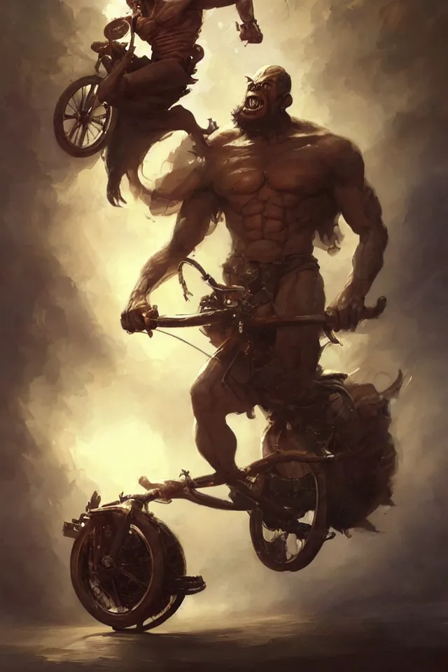 Image similar to A beautiful oil cartoony painting of a happy Remi Malek riding a tricycle by Lucas Graciano, Frank Frazetta, Greg Rutkowski, Boris Vallejo, epic fantasy character art, high fantasy, Exquisite detail, post-processing, low angle, masterpiece, cinematic