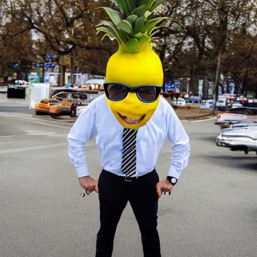 Image similar to banana head, a man wearing a suit banana head