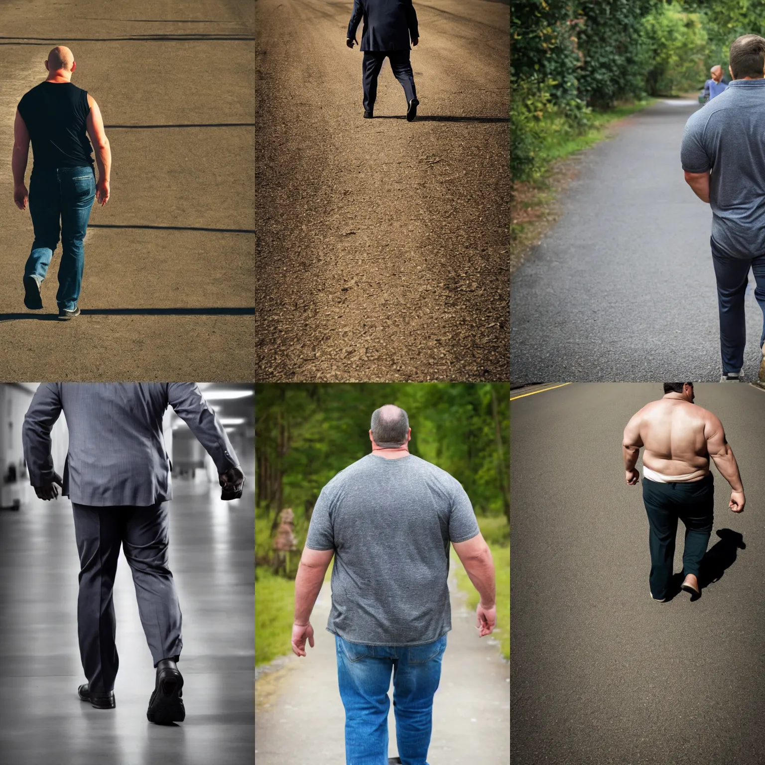 Prompt: A big strong man walking away. Full body, professional photography, color.