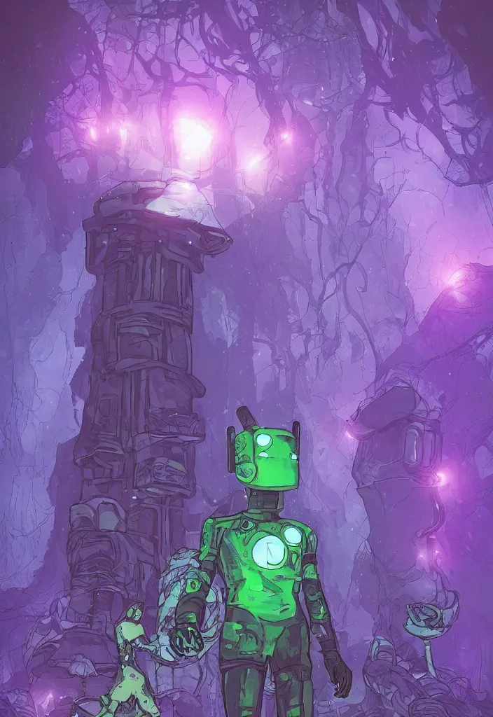 Image similar to A digital painting comic book cover of an android with glowing gloves and boots with back to the camera in a forest, looking up at a tower of crystals and geodes glowing in the fog, skeletons lay on the ground beside him, forced perspective,cinematic, stylized, purple and green