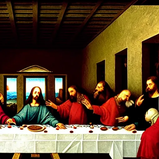 Image similar to painting of cate blanchett as Jesus in the last supper by Leonardo davinci