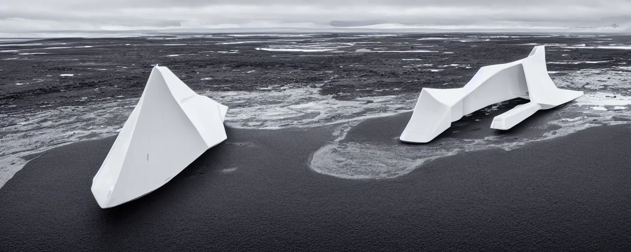 Image similar to cinematic shot of giant symmetrical futuristic military spacecraft in the middle of an endless black sand beach in iceland with icebergs in the distance,, 2 8 mm