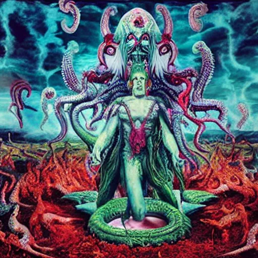 Image similar to invoking ritual of a cthulhu in a large landscape, art by david lachapelle, photography by annie leibovitz