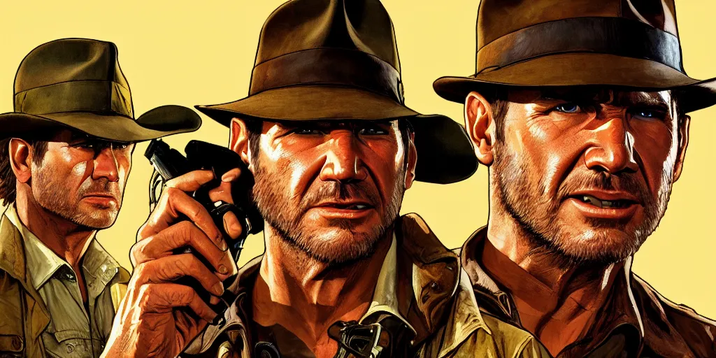 Prompt: indiana jones by himself in gta v, cover art by stephen bliss, boxart, loading screen. 8 k resolution