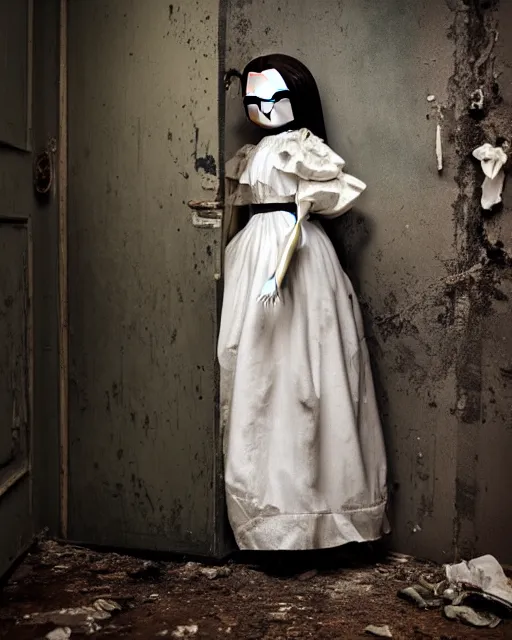 Prompt: portrait of a creepy little girl porcelain doll wearing a dirty white dress with long wet black hair standing in a filthy room in an abandoned old asylum, photo by mario testino, 8k octane render, cinematic,