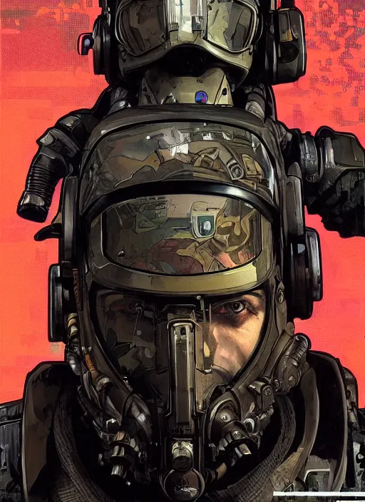 Image similar to cyberpunk blackops soldier. bomb suit. juggernaut. night vision. portrait by ashley wood and alphonse mucha and laurie greasley and josan gonzalez and james gurney. spliner cell, apex legends, rb 6 s, hl 2, d & d, cyberpunk 2 0 7 7. realistic face. dystopian setting.