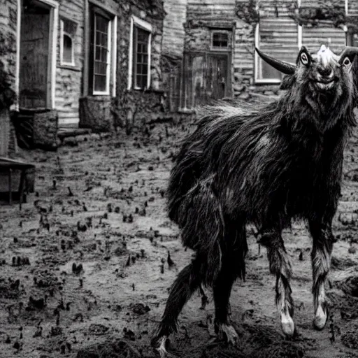 Image similar to horror, cinematic, still from film, daytime, muddy village square, wide shot, mutant goat monster with a mouth crammed full of sharp teeth, filthy matted fur and mountain goat horns, village square