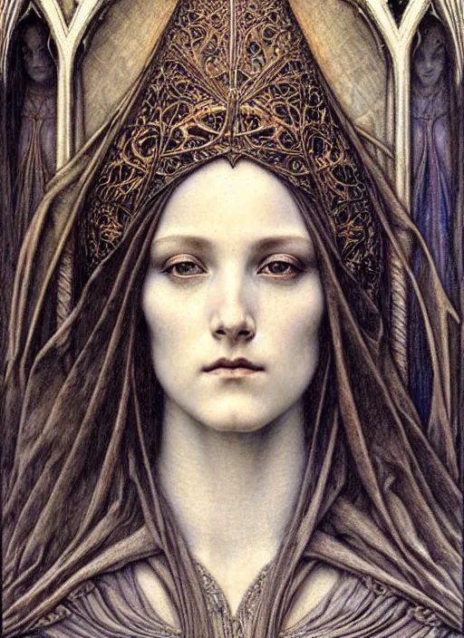 Image similar to detailed realistic beautiful young medieval queen face portrait by jean delville, gustave dore and marco mazzoni, art nouveau, symbolist, visionary, gothic, pre - raphaelite. horizontal symmetry