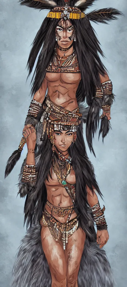 Image similar to Anime-style full length portrait of a fierce muscular Arikara warrior woman wearing tribal skins and a feathered headdress. She stands tall by a rocky cascade. Noble bearing. Award winning Fantasy rpg character concept art.