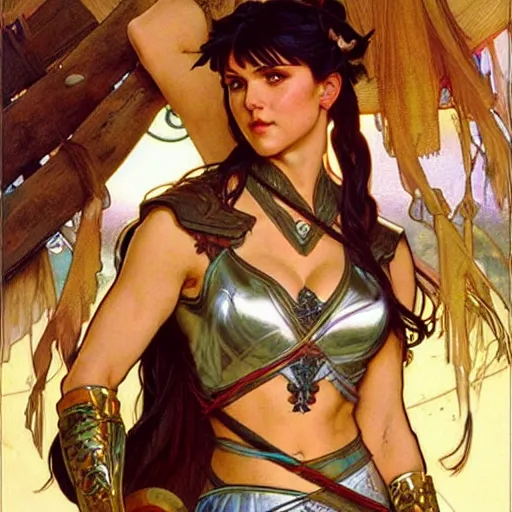 Image similar to xena warrior princess eating at a restaurant art by artgerm and greg rutkowski and alphonse mucha - w 7 6 8