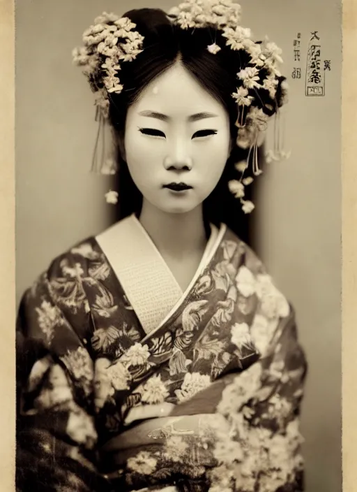 Image similar to a wet plate portrait of a young asiatic woman, geisha, traditional dress, flowers, photorealistic, cinematic light, highly detailed, smooth, sharp focus, illustration, shallow depth of field