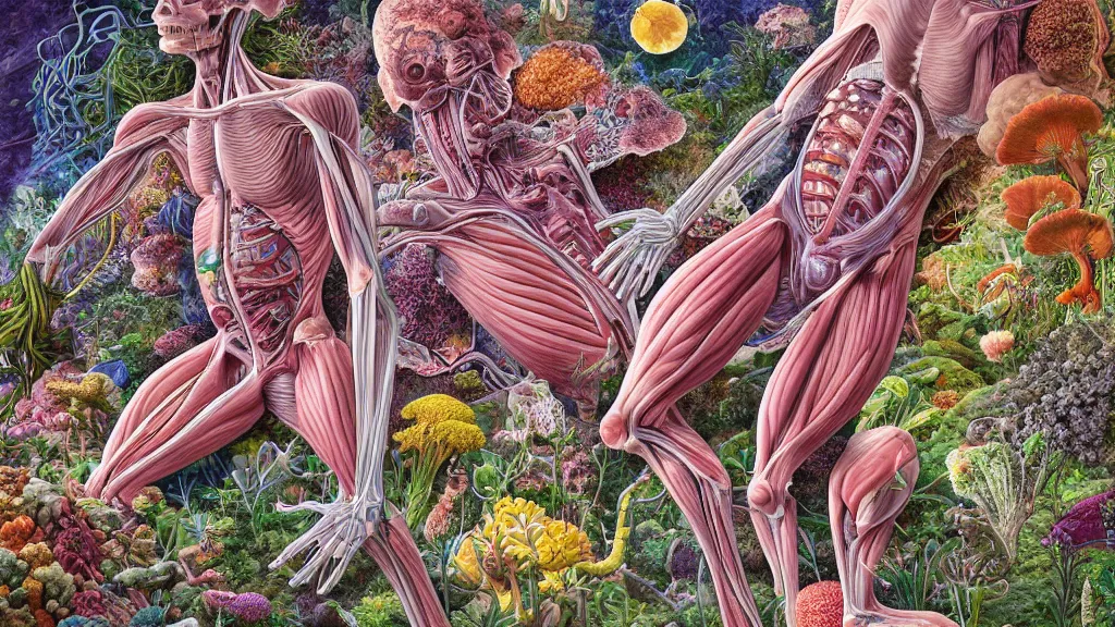 Image similar to highly detailed illustration of a human anatomy body exploded by all the known species of plants, flowers, corals and mushrooms by juan gatti, by makoto shinkai, by moebius!, by oliver vernon