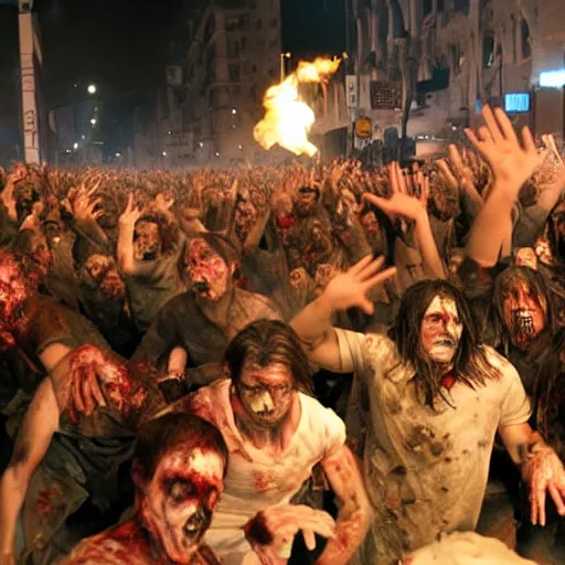 Image similar to world war z wave of zombies but the zombies are popcorn. the popcorn is overwhelming barricades as people try to stop the wave of popcorn