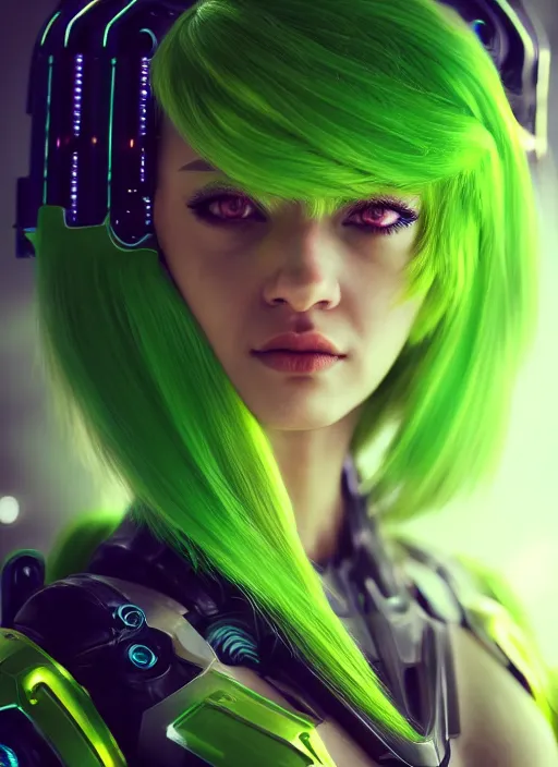 Image similar to detailed portrait of perfect neon green haired girl, android, warframe armor, beautiful, pretty face, yellow cyborg eyes, innocent, scifi, 4 k, sun yunjoo, ultra realistic, aura of light, cinematic lighting, highly detailed, sharp focus, artstation, masterpiece, art by hyungjin yang