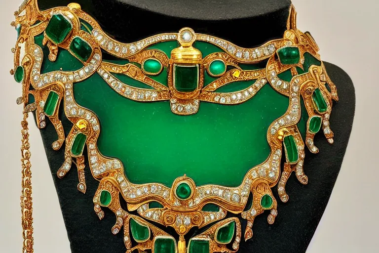 Image similar to highly detailed oil painting, front view, very realistic gemstones, art nouveau, ornate, delicate, brilliant emerald choker, necklace on display, dramatic light,