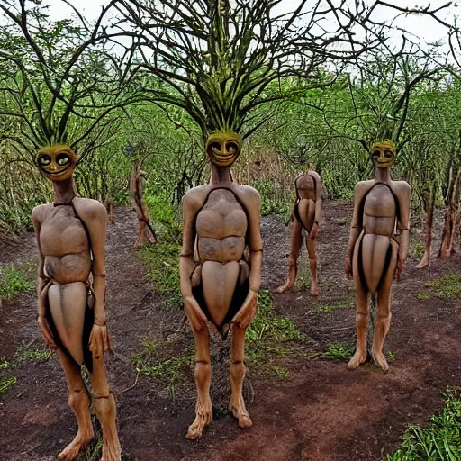 Prompt: a photo of several beings on an alien planet where a humanoid species are evolved from onions, there are strange trees in the background and a river of lager - n 4