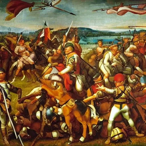 Image similar to a renaissance painting of napoleon's army and the roman army fighting.