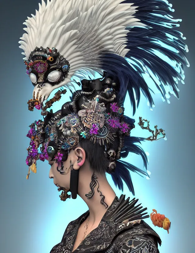 Image similar to 3 d photo realistic goddess close - up profile portrait punk with mohawk with ram skull. beautiful intricately detailed japanese crow kitsune mask and clasical japanese kimono. betta fish, jellyfish phoenix, bio luminescent, plasma, ice, water, wind, creature, artwork by tooth wu and wlop and beeple and greg rutkowski