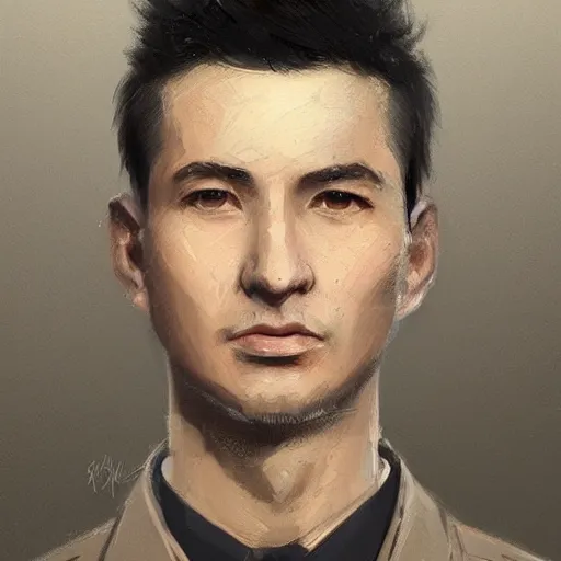 Prompt: Portrait of a man by Greg Rutkowski, he is about 30 years old, mixture between russian and chinese, short black hair, attractive, smart looking, he is wearing a utilitarian beige and black jumpsuit, highly detailed portrait, scifi, digital painting, artstation, concept art, smooth, sharp foccus ilustration, Artstation HQ