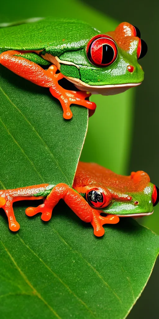 Image similar to macro photo of a red-eyed tree frog on a leaf, Nikon D810, ƒ/5.0, focal length: 46.0 mm, Exposure time: 1/60, ISO: 400, hyper-detailed, award-winning National Geographic photo