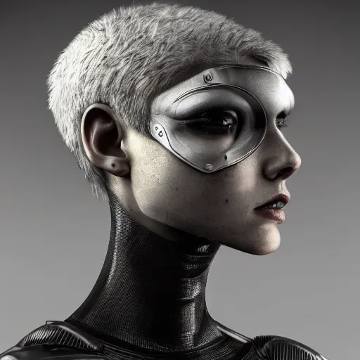 Image similar to portrait beautiful tall female cyborg, glamorous brilliant short white hair, wearing brutalist industrial military body armor, art by Joseph Cross, Trending on Artstation, digital art, highly detailed, intricate, sci-fi, sharp focus, Trending on Artstation HQ, deviantart, unreal engine 5, 4K UHD image