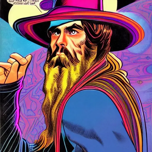 Image similar to a psychedelic wizard with a long beard and a fedora wizard hat, highly detailed comic book art by jack kirby, alex ross, 8 k