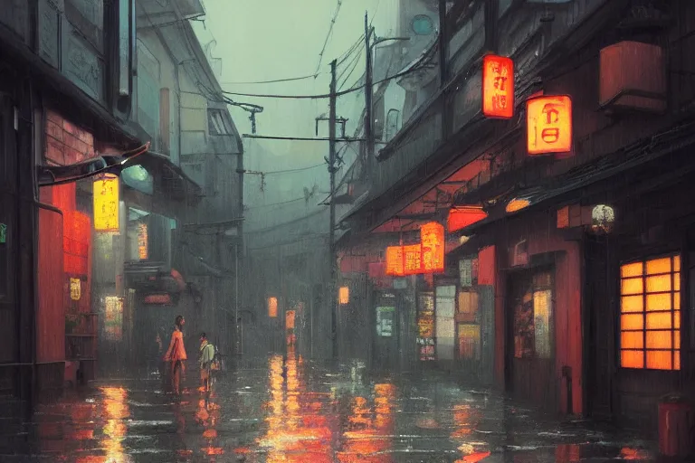 Image similar to a painting of a rain soaked back street in osaka at dusk, neon lights, dark figures walking, digital art, trending on artstation, by studio ghibli and greg rutkowski. spirited away. trending on artstation, hyperrealism, unreal engine