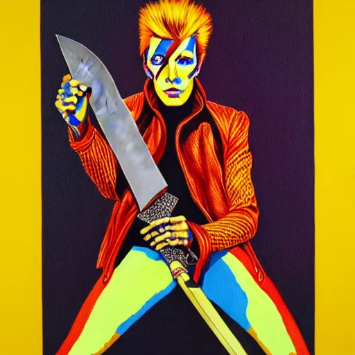 Image similar to Ziggy Stardust holding a Bowie knife, james jean, fist