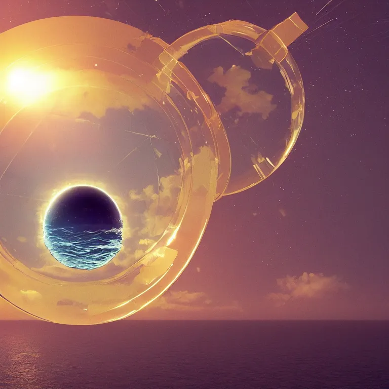 Prompt: a reflective golden eco sphere and torus in the sky over the ocean by beeple