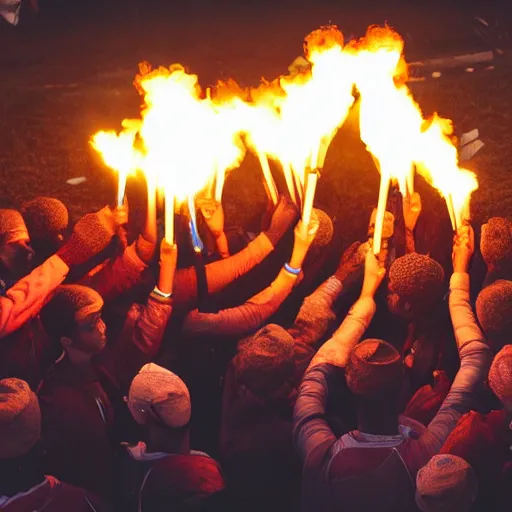 Image similar to a mob carrying torches standing in the shape of a peace sign, photography, highly detailed, high quality, 8 k, soft lighting,