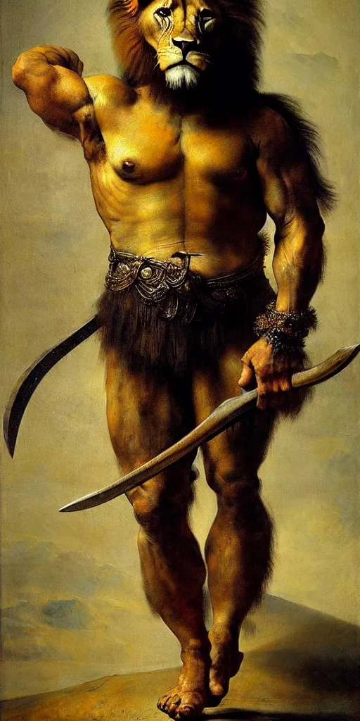 Prompt: oversized muscular lion as barbarian hunter human legs full body portrait pose , very textured detailed oil painting by rembrandt