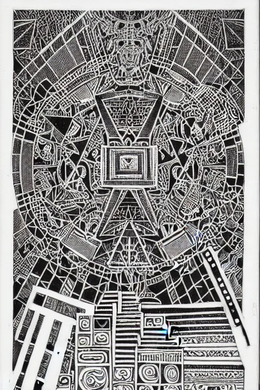 Image similar to a black and white drawing of an ancient future mayan temple mandala cityscape, a detailed mixed media collage by hiroki tsukuda and eduardo paolozzi and moebius, intricate linework, sketchbook psychedelic doodle comic drawing, geometric, street art, polycount, deconstructivism, matte drawing, academic art, constructivism