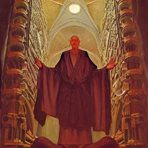 Prompt: a religious man with holes in his robes, holes in a religious man, annie swynnerton and nicholas roerich and jean delville, strong dramatic cinematic lighting, ornate tiled architecture, lost civilizations, smooth, sharp focus, extremely detailed