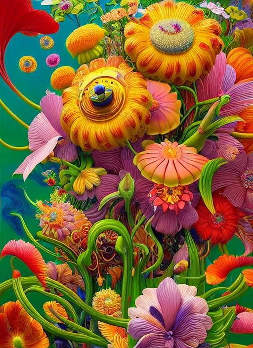 Image similar to hyper detailed illustration like a Oil painting - a vivid exotic flower bouquet, long petals, huge blossoms, by Jacek Yerka, Mariusz Lewandowski, Houdini algorithmic generative render, long brush strokes, Masterpiece, Edward Hopper and James Gilleard, Zdzislaw Beksinski, Mark Ryden, Wolfgang Lettl, hints of Yayoi Kasuma, octane render, 8k