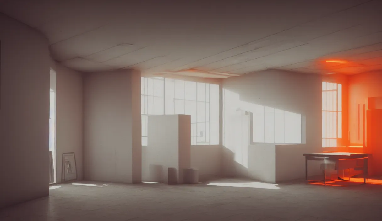 Prompt: a room in a brutalist building with small windows, orange neon lights, dramatic lighting, hyper realistic, photography, 3 5 mm, kodak film, 8 k, cg render, octane render, unreal engine render