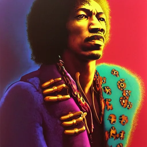 Prompt: colour portrait masterpiece photography of jimi hendrix full body shot by annie leibovitz, ultrawide angle, moebius, josh kirby, weird epic complex biomorphic 3 d fractalic landscape in background by roger dean and syd mead and killian eng and james jean and giger and beksinski, greg hildebrandt, 8 k