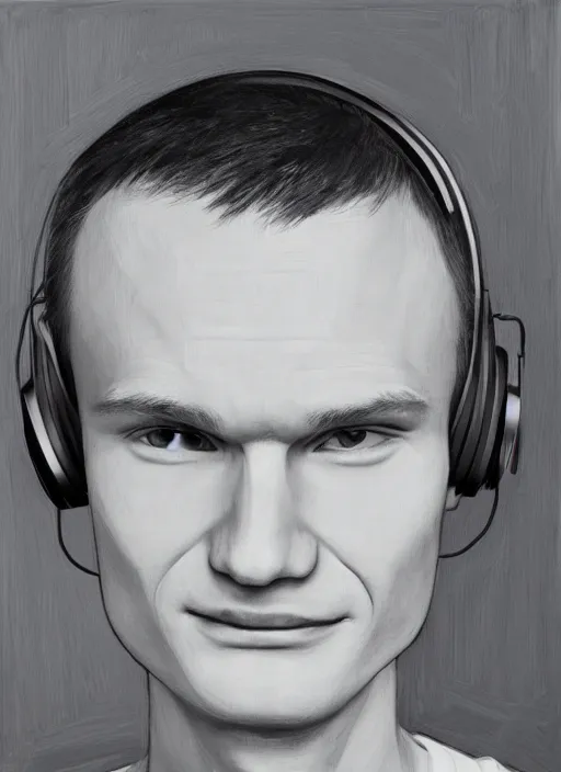 Image similar to vitalik buterin in headphones. vitalik buterin, close up, perfect symmetric face, coherent eyes, cute happy face, fine details., 4 k, hans zatska, oil paint