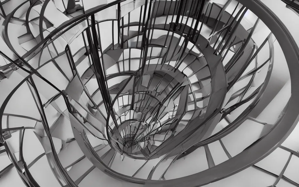 Prompt: 3d rendering of modern perfect spiral stairs, looking directly down, hd, hdr, cinematic 8k, ultra detailed, high resolution