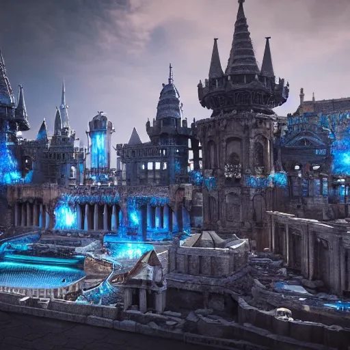 Image similar to dark fantasy, ruined city with palace made out of blue quartz in the middle, cinematic, ultrarealistic, intricate detail, finely detailed, small details, extra detail, high resolution, volumetric lighting, octane render, 8 k, ultradetailed, photorealistic